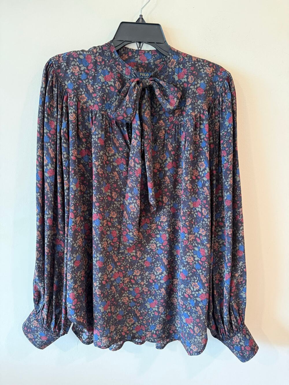 Polo Ralph Lauren Blouse Top Women's Large Black Floral Tie Neck Bishop Sleeve